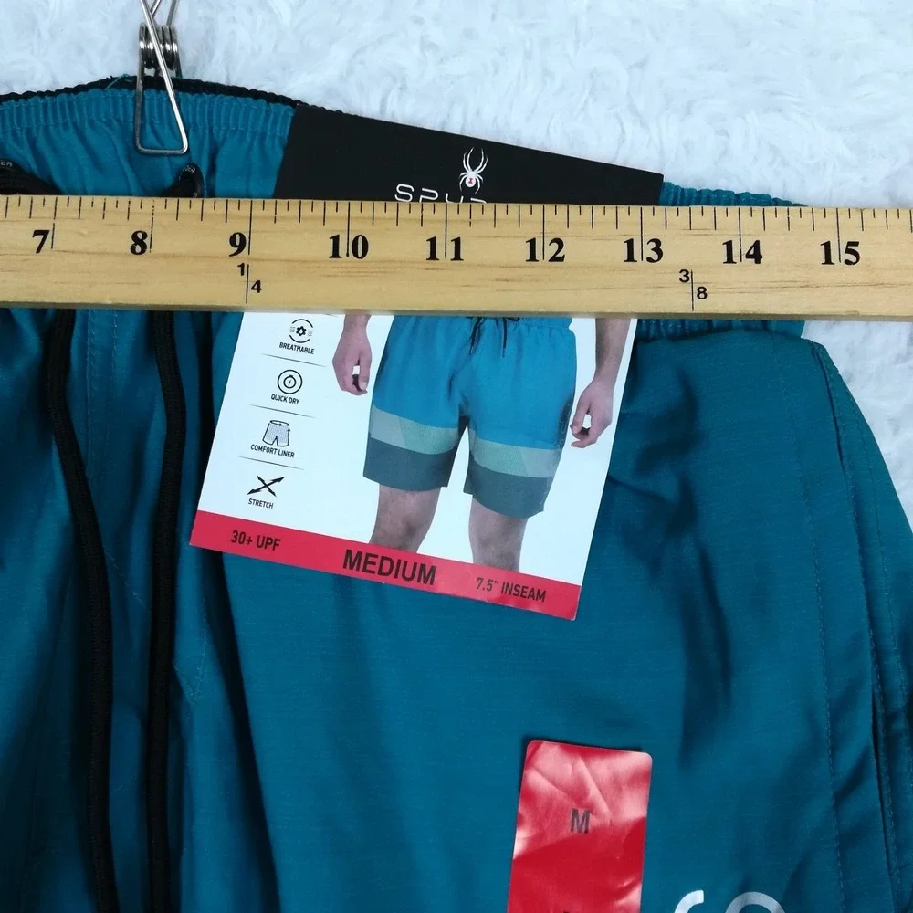 Spyder Swim Mens Trunks Shorts‎ 30+ UPF Teal Colorblock Surf Comfort Liner M New